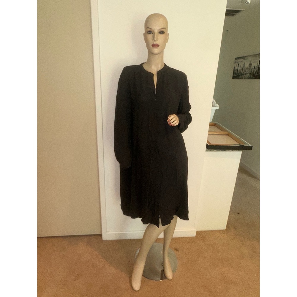 Eileen Fisher Black 100% Silk Georgette Crepe Band Collar Shirt Dress S Oversize